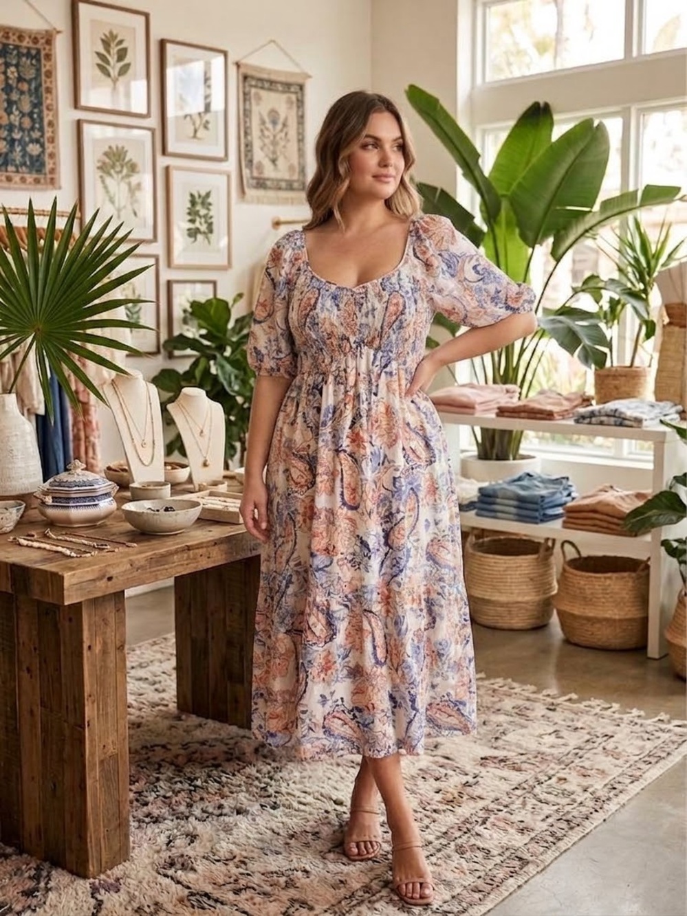 FRYE AND CO. Peach & Blue Paisley Midi Dress